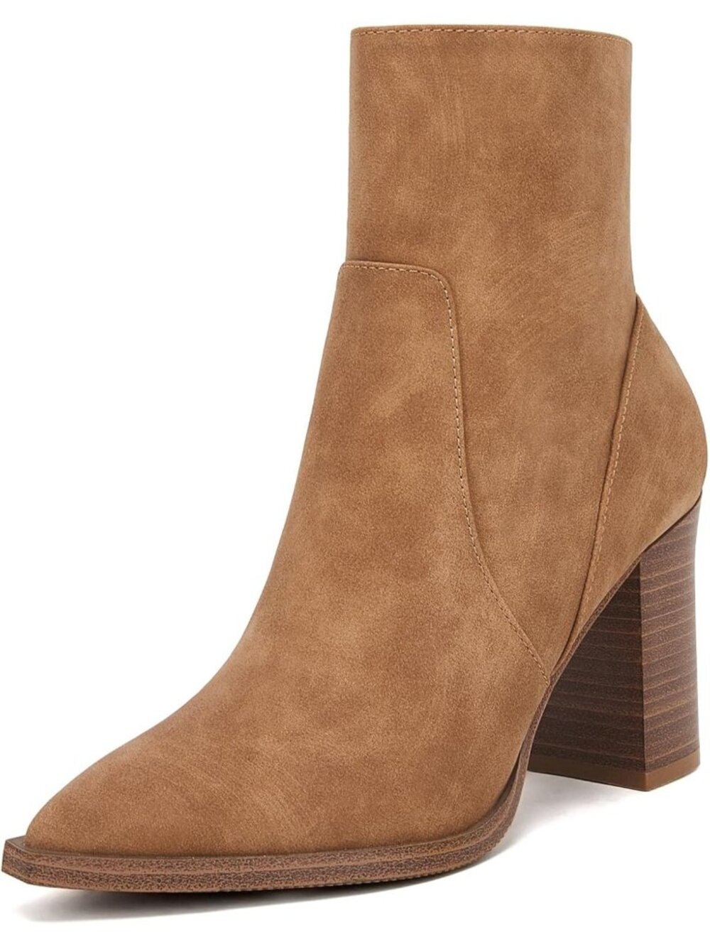 Women's Light Brown Chunky Stacked Heel Side Zipper Pointed Toe Ankle Booties